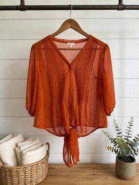 B_envied Women's Sheer Pintuck V-Neck Tie Front Button Blouse Rust Orange S